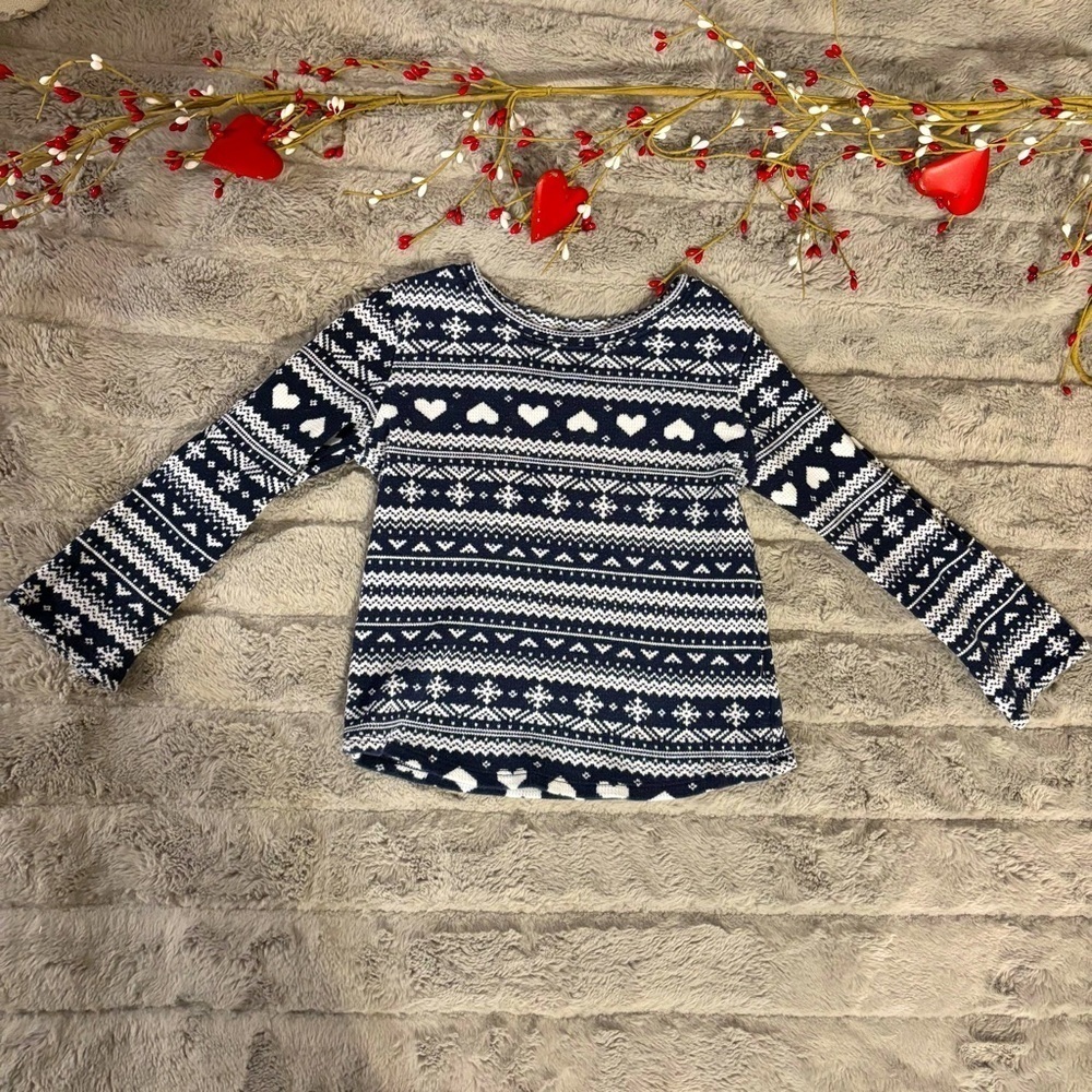 Old Navy 5T Blue Fair Isle Long Sleeve Tee, Hearts, Winter, Snowflakes